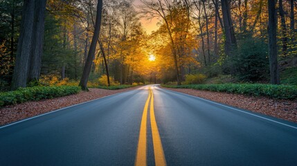 Fototapeta premium empty road in a forest at sunset. Created with Generative AI