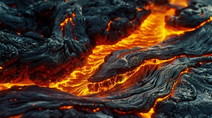 Closeup of glowing lava flow in volcanic eruption