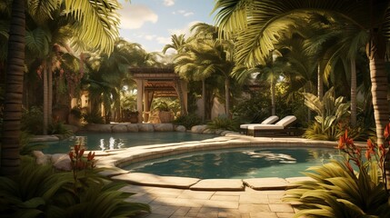 Fototapeta premium photo of a backyard oasis with a pool and palm trees.
