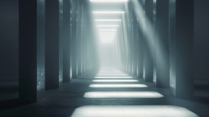 A long, dark hallway with a few lighted pillars