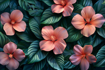 Obraz premium Vibrant Close Up of Pink Hibiscus Flowers Among Lush Green Leaves