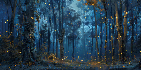 Mystical Forest with Illuminated Fireflies at Twilight