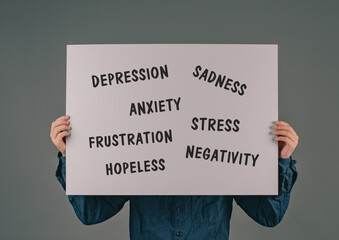 Sadness, depression, frustration and negativity, mental health concept, hopeless and stressed mind,...