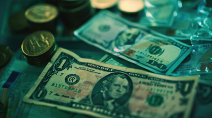 Fototapeta premium A pile of coins and a dollar bill