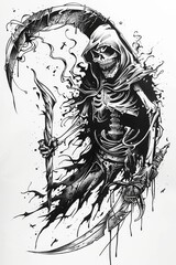 Grim Reaper Skeleton Holding Scythe Drawing
