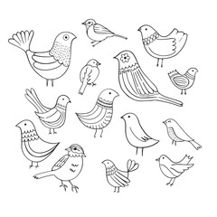 Bird Cartoon Doodle Illustration. Black line little birds, different poses, flying. Happy character. Hand drawn flat abstract icon. Modern trendy vector illustration