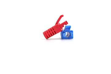Close Up blue and red color strain relief boots for RJ45. RJ45 Protection Cover.