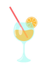Summer bright drink with orange. Cocktail in a glass with a high stem. The glass is half full and the straw is red Vector flat illustration on white background