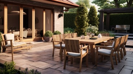 Fototapeta premium photo of a backyard patio with outdoor dining furniture.