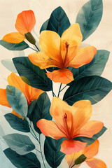 Vibrant Orange and Yellow Flowers with Lush Green Leaves on a Artistic Background
