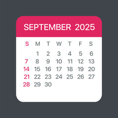 September 2025 Calendar Leaf - Vector template graphic Illustration