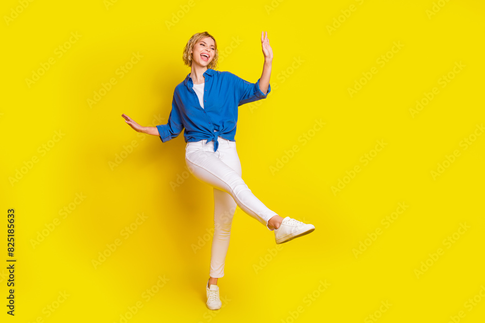 Poster Full size photo of pretty young girl face empty space wear shirt isolated on yellow color background