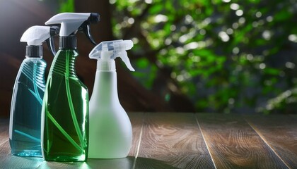 Ecologic, environment friendly cleaning liquids in spray bottles on a shining wooden floor.  