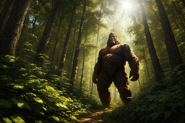 Bigfoot in the forest, sasquatch on a hiking trail during the day