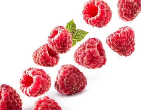 herabfallende Himbeeren isoliert auf wei&szlig;en Hintergrund, Freisteller 