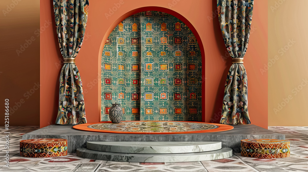 Poster empty podium decorated with colorful fabrics and islamic geometric patterns with festive and traditi