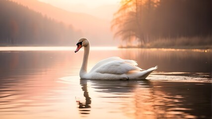 A Close-Up Shot of an Elegant White Swan Gliding Across a Calm, Reflective Lake at Dawn, with Mist Rising Gently from the Water, Soft Pink and Gold Light from the Rising Sun Illuminating the Scene, an