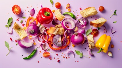 Whimsical Panzanella Salad Ingredients Arrangement - Colorful Bell Peppers, Tomatoes, and Bread on Lavender Background for Food Design and Poster