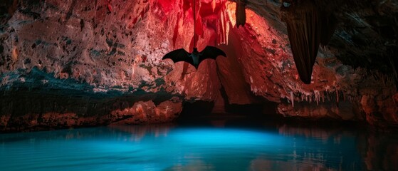The dark cave has a blue lake and a bat flying in the red light