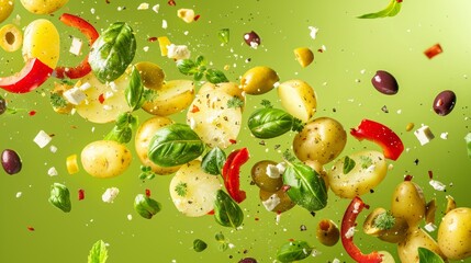 Floating Mediterranean Potato Salad Ingredients on a Vivid Lime Green Background for Dynamic Food Design