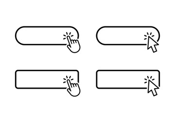 Click Here Button with hand or mouse cursor. Computer mouse cursor or hand pointer symbol. Modern action button