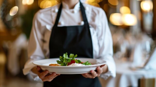 Waitress holding food tray in restaurant, close-up shot in elegant hotel setting