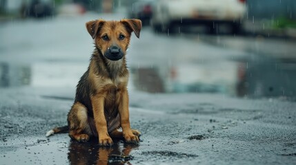 Stray homeless dog. Sad abandoned hungry puppy sitting alone in the street under rain. Dirty wet lost dog outdoors. Pets adoption, shelter, rescue, help for pets. 