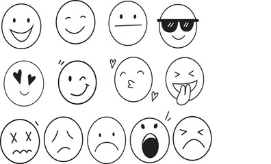 Emogi Icon - Hand Drawn series .A set of emogi faces with happiness, sadness ,love and anger . Hand drawn set of icons with black and white colors on  trransparent background.