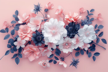 Elegant Floral Arrangement on Pastel Background with Pink, White, and Blue Flowers