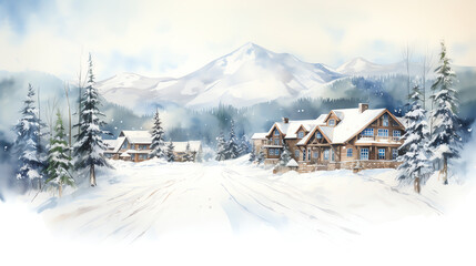 Naklejka premium Watercolor painting of a snowy mountain village with people cross country skiing.