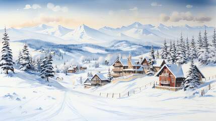 Fototapeta premium Snowy mountain village with skiers and snow-capped peaks in the background.