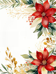 Watercolor Christmas floral border with red poinsettia flowers and gold accents on a white background.