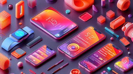 mockup fitness app showing use smartwatch smartphone tablet design should focus easy access workout routine tracking feature personalized fitness plan Use energetic color dynamic shapes motivate users