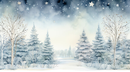 Fototapeta premium Watercolor painting of a snowy forest with pine trees and stars in the sky.