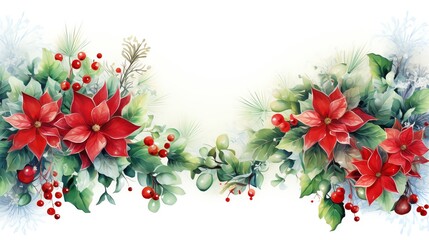 Watercolor Christmas border with poinsettia, holly and berries.