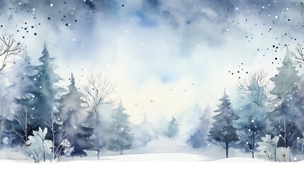 Fototapeta premium Watercolor painting of a snowy forest with tall trees and falling snow.