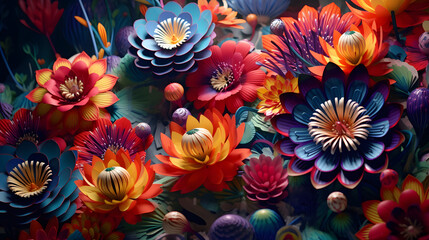 Digital 3d psychedelic flowers and plants abstract background
