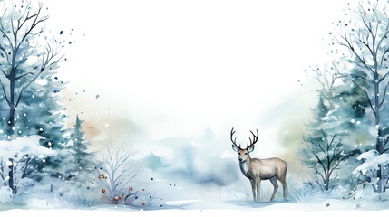 Watercolor illustration of a deer in a snowy forest, perfect for winter holiday or nature themed designs.