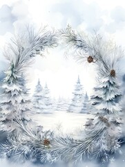Winter wonderland scene with snowy trees and pine cone wreath