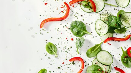Fresh Spinach Salad Ingredients with Sliced Red Bell Peppers and Cucumber Ribbons Against White Background - Ideal for Healthy Eating and Food Photography