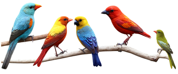 Collection of PNG, different vibrant multi colorful birds isolated on transparent background