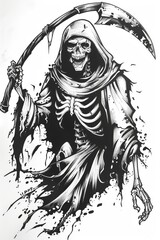 Grim Reaper Skeleton Holding Scythe Drawing
