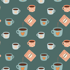 Vector illustration, cinnamon coffee, cute pattern, heart, love coffee
