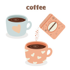 Vector illustration, cinnamon coffee, cute pattern, heart, love coffee
