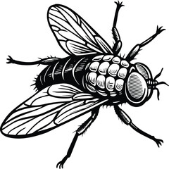 A fly craw linocut. Hand drawn sketch of fly. Retro realistic animal isolated. Vintage style. Doodle