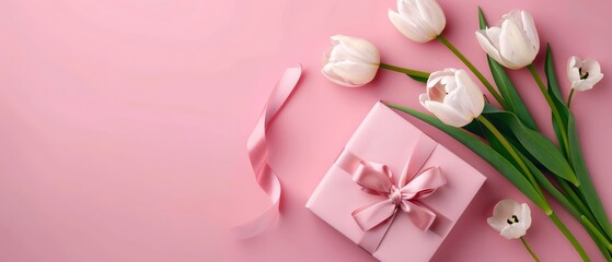 White tulips and a pink gift box on a pink background.