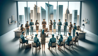 Obraz premium Origami Business Meeting – Artistic Paper Craft Figures in Formal Attire, Engaged in a Conference Room Discussion, Surrounded by Modern Office Environment with City Skyline View