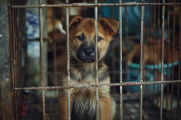 Stray homeless dog in animal shelter cage. Sad abandoned hungry dog behind old rusty grid of the cage in shelter for homeless animals. Dog adoption, rescue, help for pets