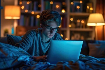Teenager wearing glasses intently works on a laptop in a cozy, dimly lit bedroom. Warm lighting and fairy lights create an inviting, productive atmosphere late at night - Powered by Adobe