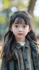 4 year old Chinese girl with long hair, big eyes, round face